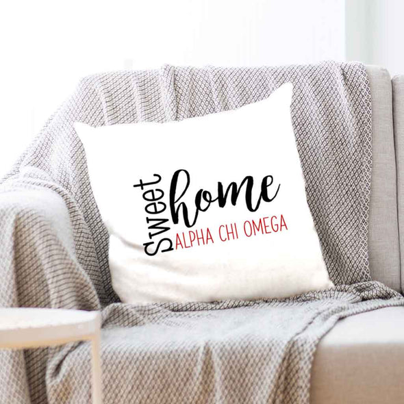 Sweet home Alpha Chi Omega sorority design digitally printed on white or natural throw pillow cover.