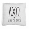 Alpha Chi Omega sorority name and letters in boho style design digitally printed on throw pillow cover.