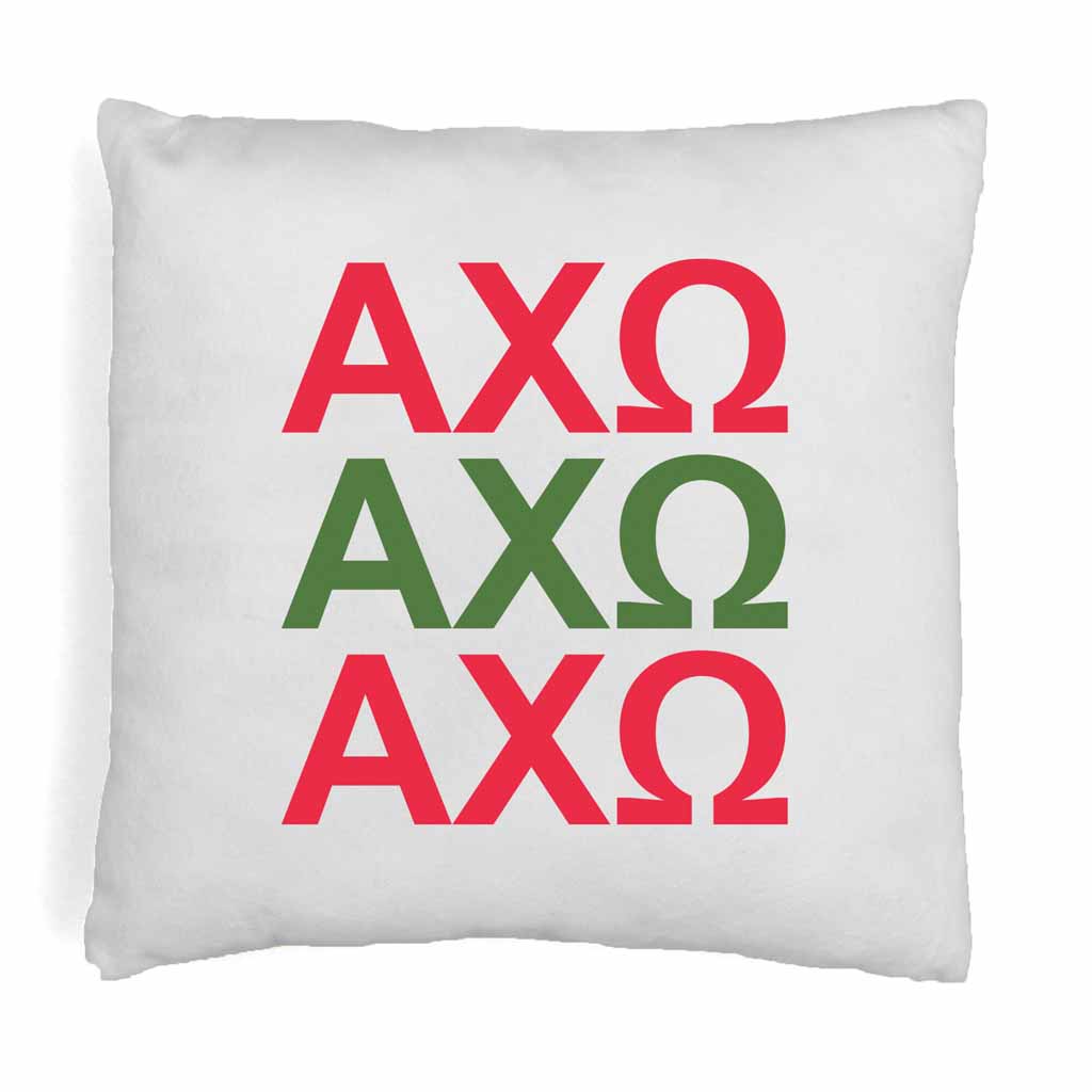 Alpha Chi Omega sorority letters digitally printed in sorority colors on throw pillow cover.