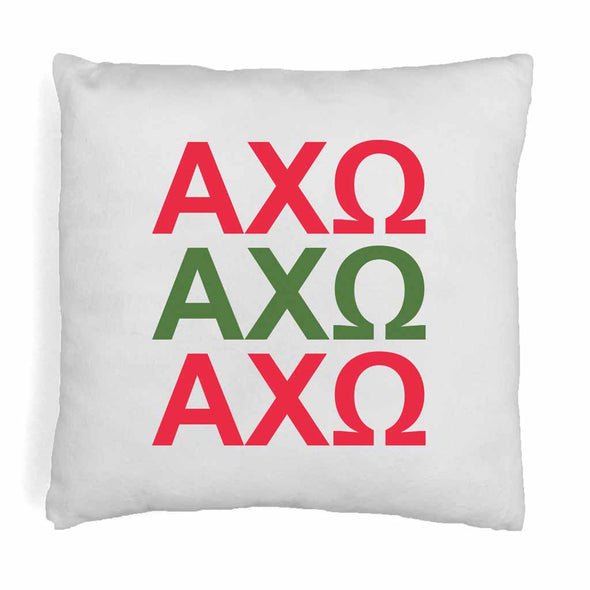 Alpha Chi Omega sorority letters digitally printed in sorority colors on throw pillow cover.