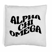 Alpha Chi Omega sorority name in mod style design digitally printed on throw pillow cover.