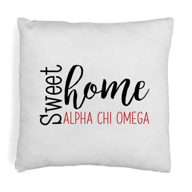 Alpha Chi Omega sorority name in sweet home design digitally printed on throw pillow cover.