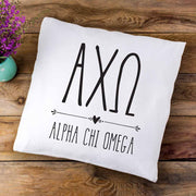 Alpha Chi Omega sorority letters and name in boho style design custom printed on white or natural cotton throw pillow cover.