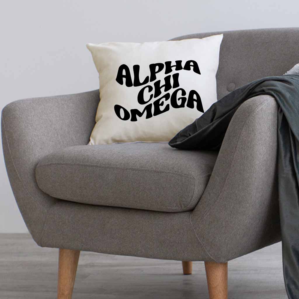 AXO sorority name in mod style design custom printed on white or natural cotton throw pillow cover.