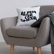 Alpha Chi Omega sorority name digitally printed in black ink mod style design on a throw pillow cover.