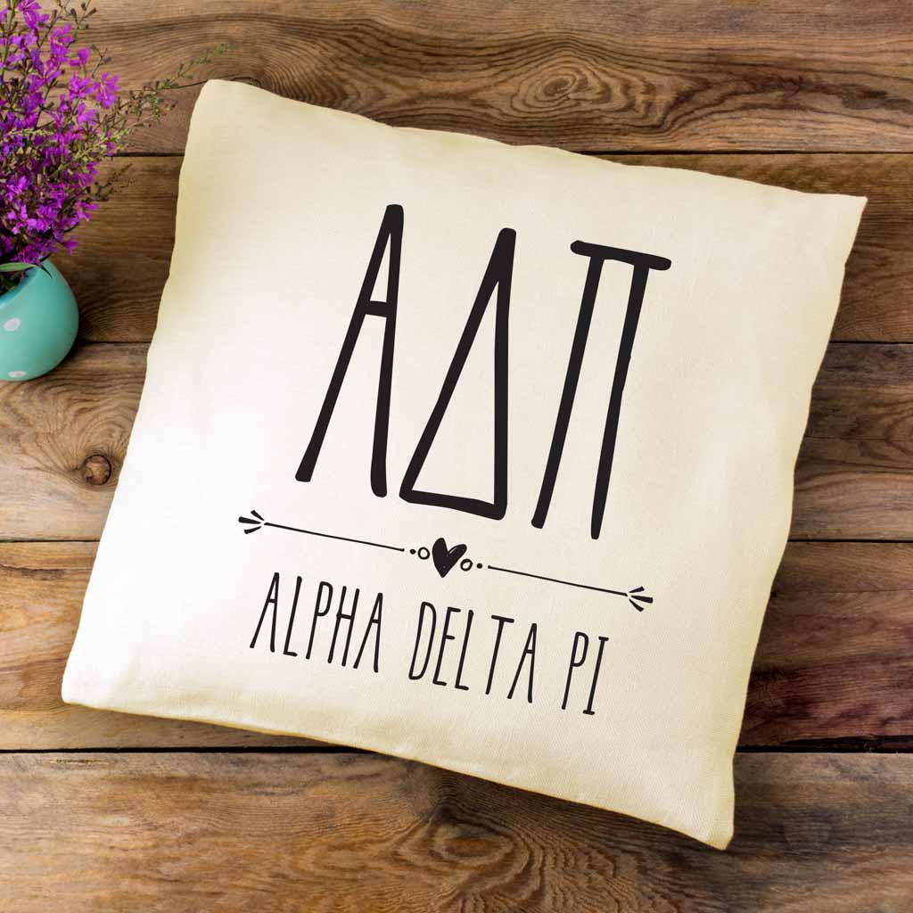 ADP sorority letters and name in a boho style design custom printed on white or natural cotton throw pillow cover.