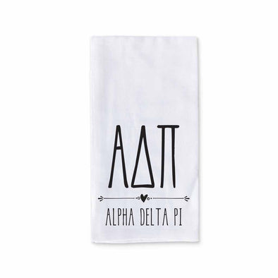 Alpha Delta Pi sorority name and letters digitally printed on cotton dishtowel with boho style design.