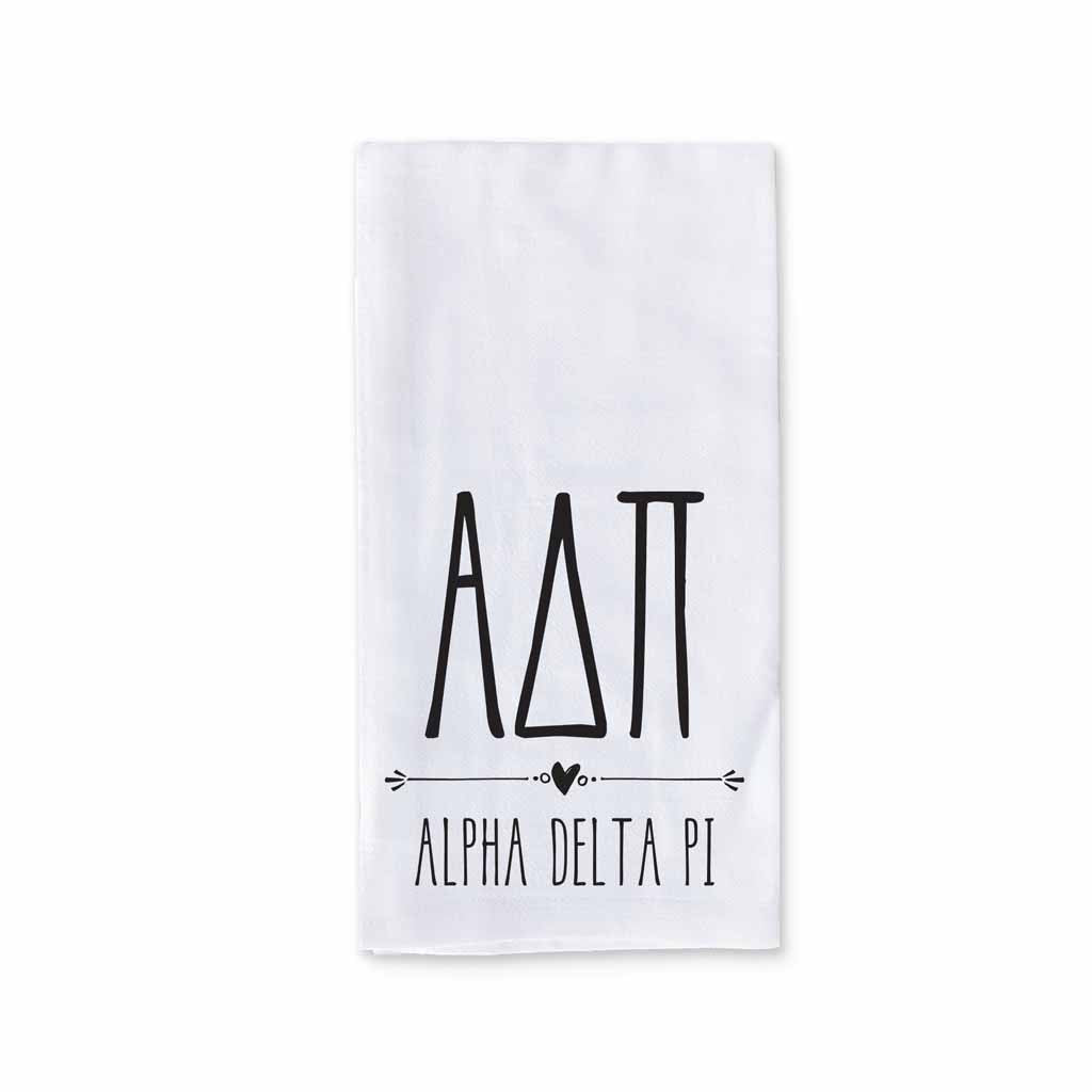 Alpha Delta Pi sorority name and letters custom printed with boho style design on white cotton kitchen towel.