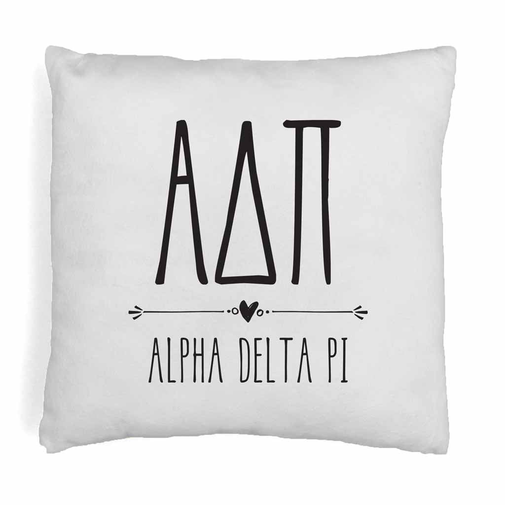 Alpha Delta Pi sorority name and letters in boho style design digitally printed on throw pillow cover.