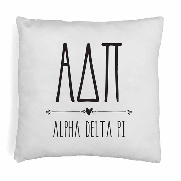 Alpha Delta Pi sorority name and letters in boho style design digitally printed on throw pillow cover.