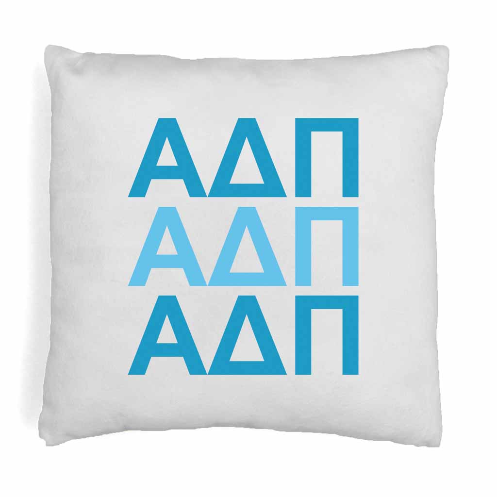 Alpha Delta Pi sorority letters digitally printed in sorority colors on throw pillow cover.