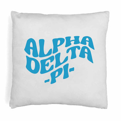 Alpha Delta Pi sorority name in mod style design digitally printed on throw pillow cover.