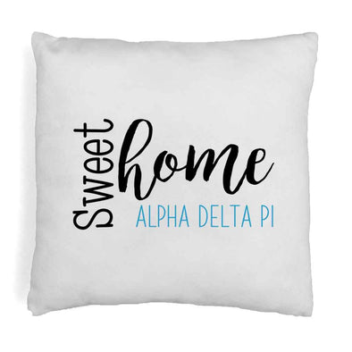 Alpha Delta Pi sorority name in sweet home design digitally printed on throw pillow cover.