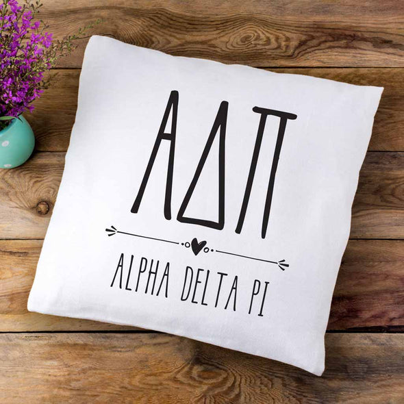 ADP sorority letters and name in boho style design custom printed on white or natural cotton throw pillow cover.