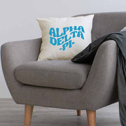 ADP sorority name in mod style design custom printed on white or natural cotton throw pillow cover.