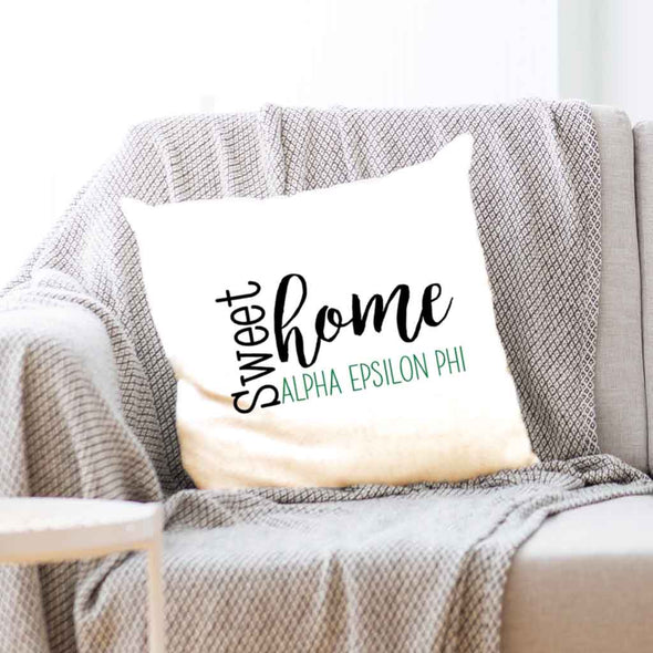Alpha Epsilon Phi sorority name with stylish sweet home design custom printed on white or natural cotton throw pillow cover.