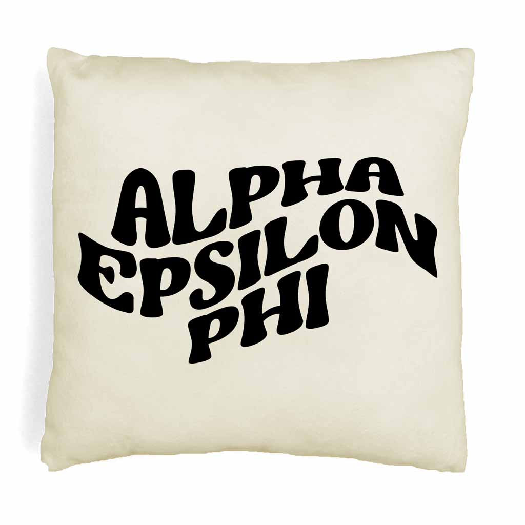 Alpha Epsilon Phi sorority name in mod style design digitally printed on throw pillow cover.