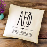 AEP sorority letters and name in a boho style design custom printed on white or natural cotton throw pillow cover.