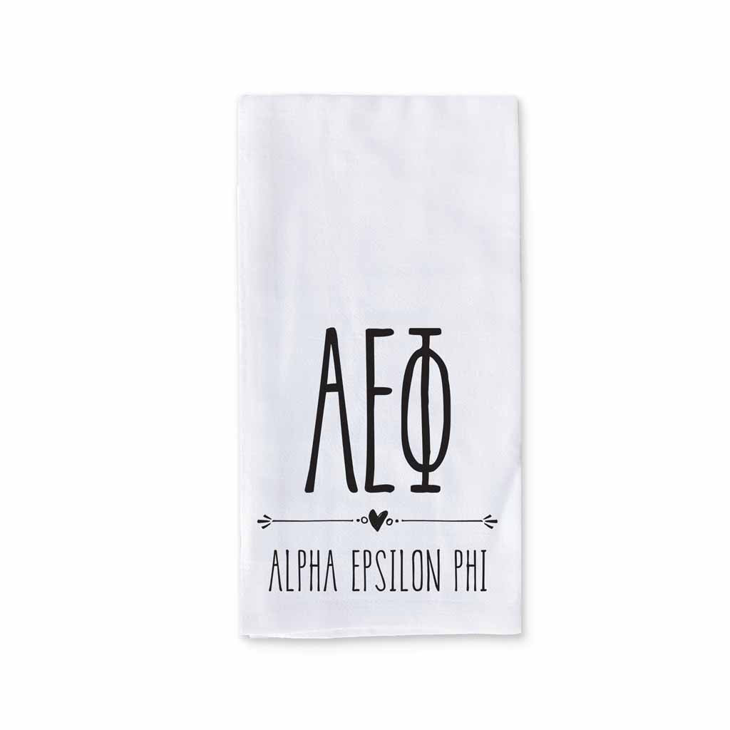 Alpha Epsilon Phi sorority name and letters digitally printed on cotton dishtowel with boho style design.