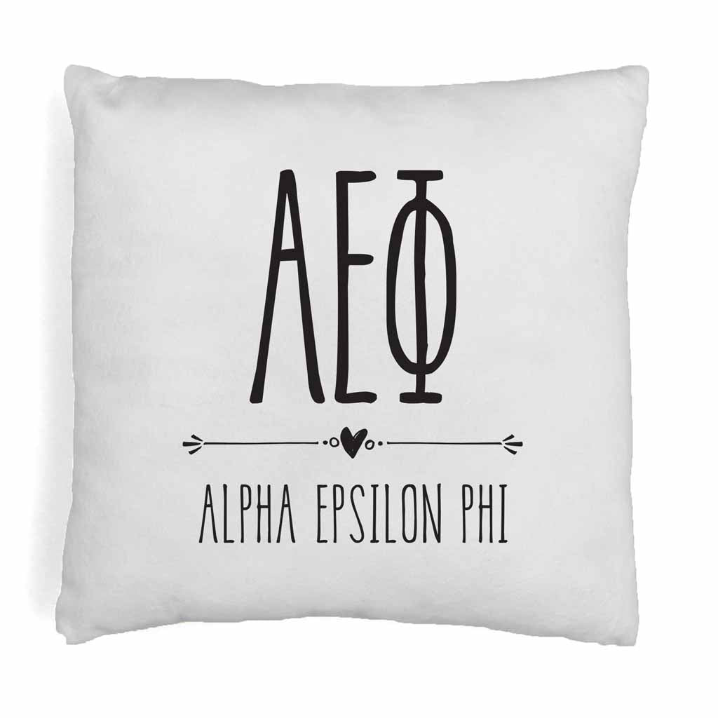 Alpha Epsilon Phi sorority name and letters in boho style design digitally printed on throw pillow cover.