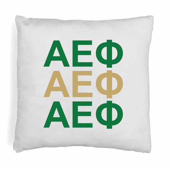 Alpha Epsilon Phi sorority letters digitally printed in sorority colors on throw pillow cover.