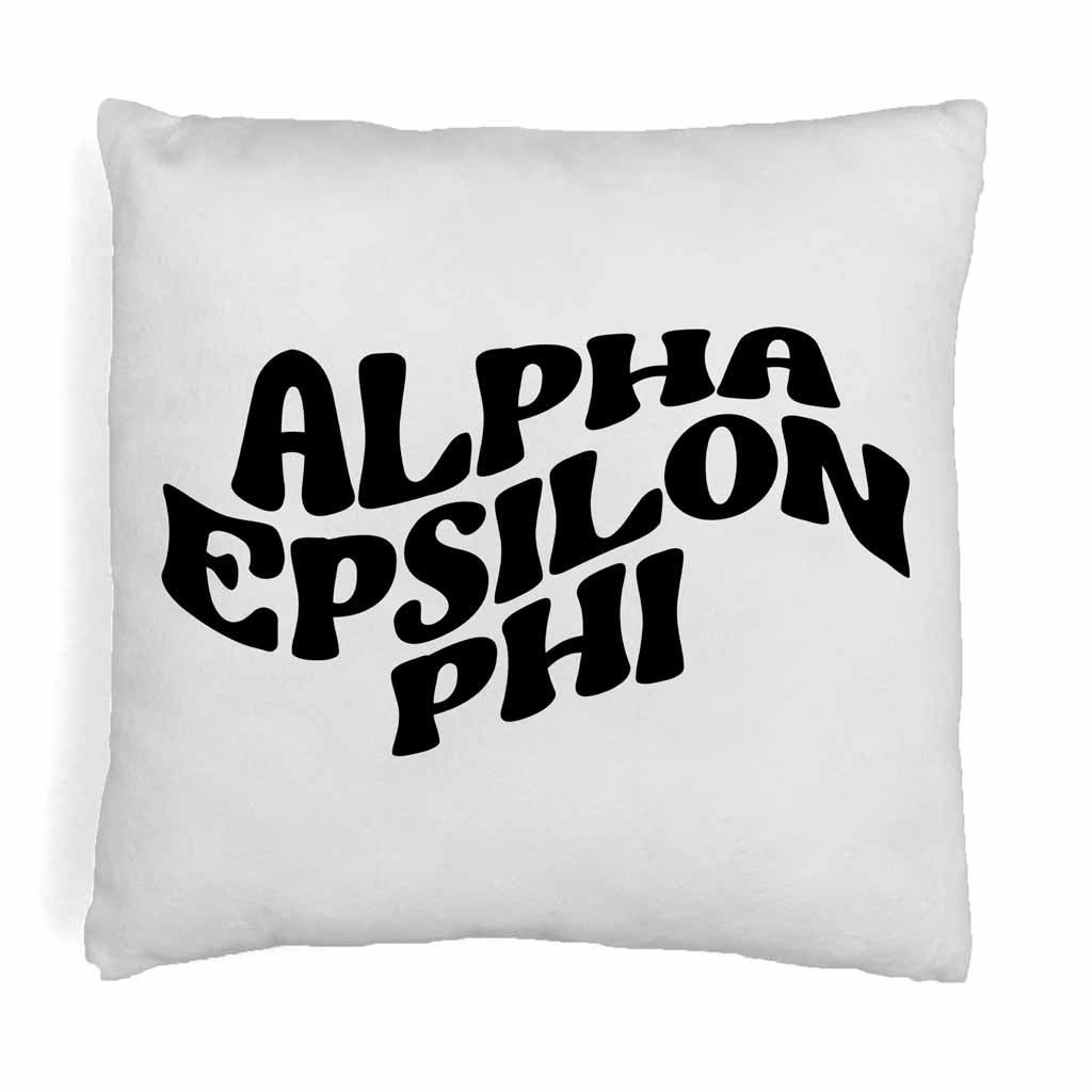 Alpha Epsilon Phi sorority name in mod style design digitally printed on throw pillow cover.