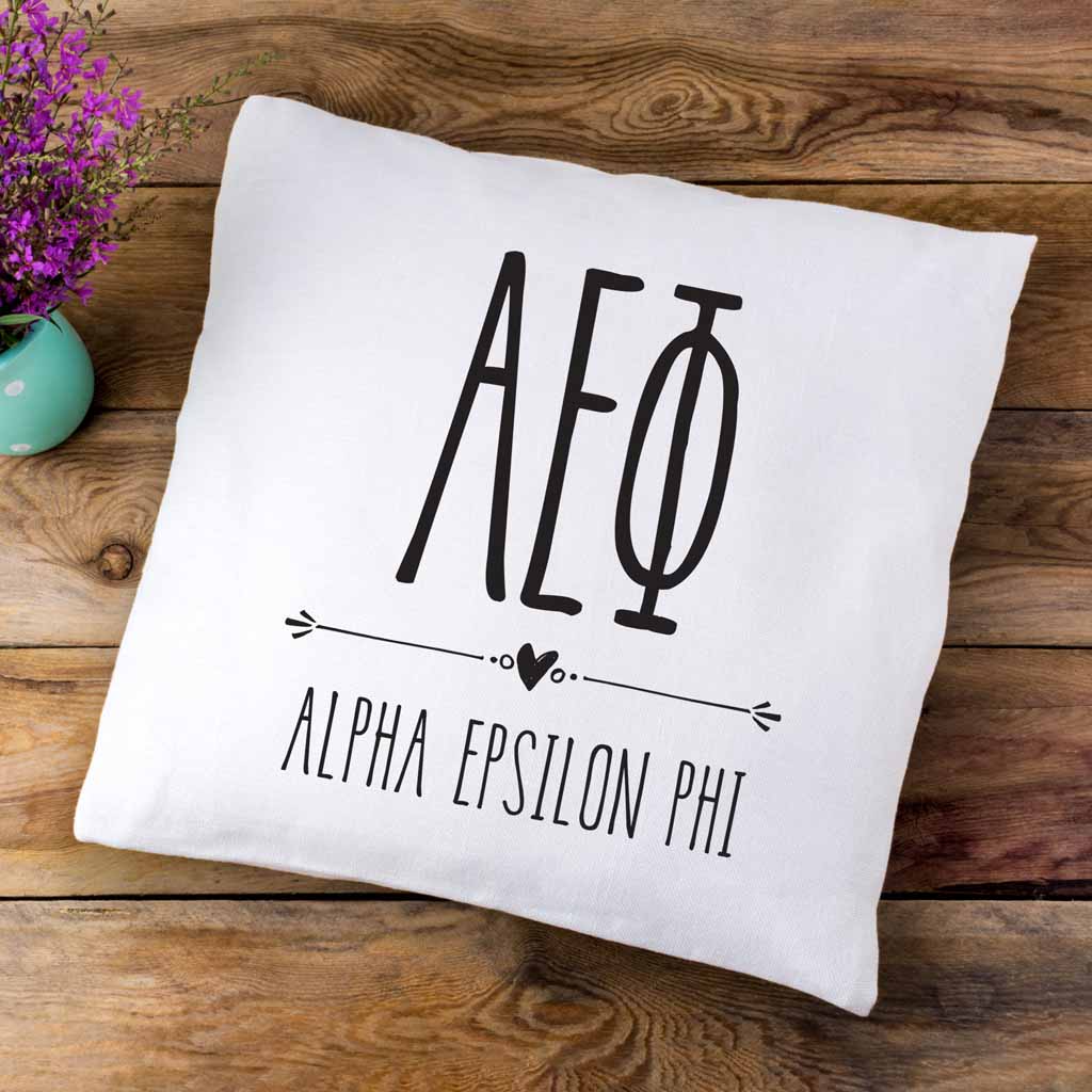 AEP sorority letters and name in boho style design custom printed on white or natural cotton throw pillow cover.