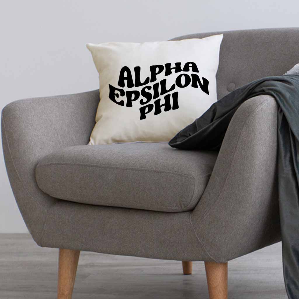 AEP sorority name in mod style design custom printed on white or natural cotton throw pillow cover.