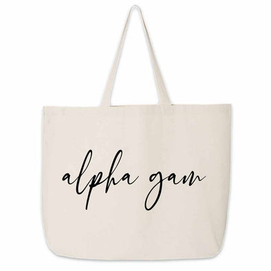 Fun Alpha Gamma Delta sorority nickname printed on a canvas tote bag in script writing is a great gift for your sorority sisters.