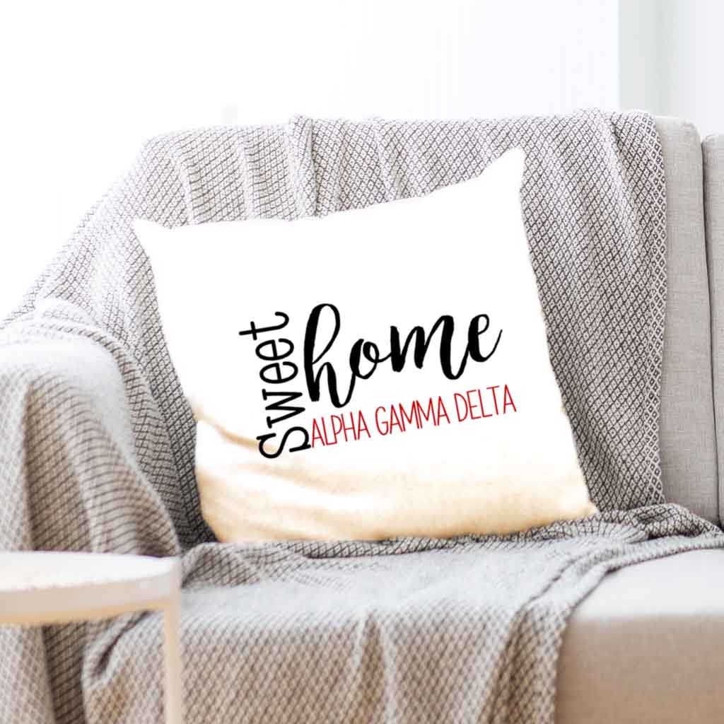 Alpha Gamma Delta sorority name with stylish sweet home design custom printed on white or natural cotton throw pillow cover.