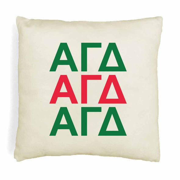 Alpha Gamma Delta sorority letters in sorority colors printed on throw pillow cover is a stylish gift.