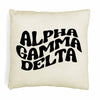 Alpha Gamma Delta sorority name in mod style design digitally printed on throw pillow cover.