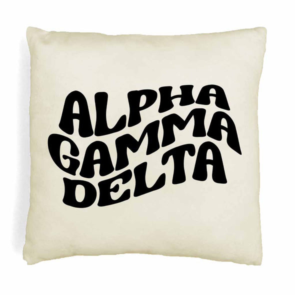 Alpha Gamma Delta sorority name in mod style design digitally printed on throw pillow cover.