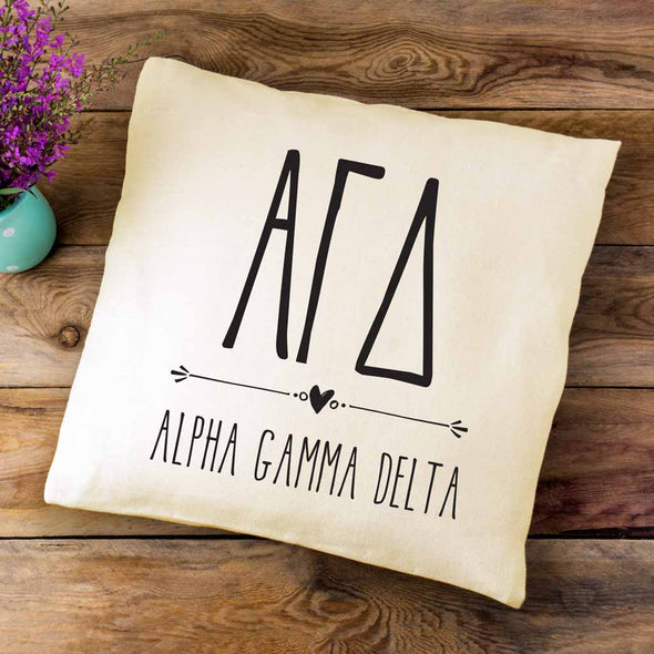 AGD sorority letters and name in a boho style design custom printed on white or natural cotton throw pillow cover.
