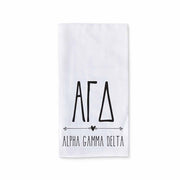 Alpha Gamma Delta sorority name and letters custom printed with boho style design on white cotton kitchen towel.