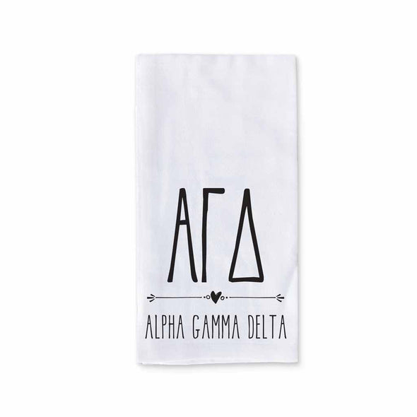 Alpha Gamma Delta sorority name and letters digitally printed on cotton dishtowel with boho style design.