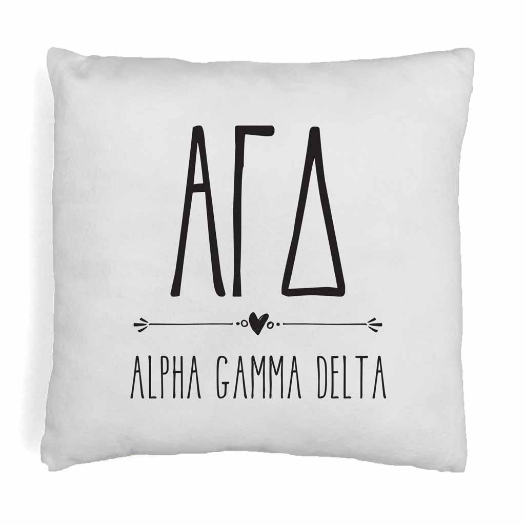 Alpha Gamma Delta sorority name and letters in boho style design digitally printed on throw pillow cover.