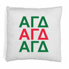 Alpha Gamma Delta sorority letters digitally printed in sorority colors on throw pillow cover.