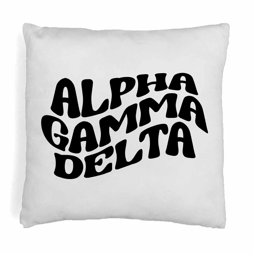 Alpha Gamma Delta sorority name in mod style design digitally printed on throw pillow cover.