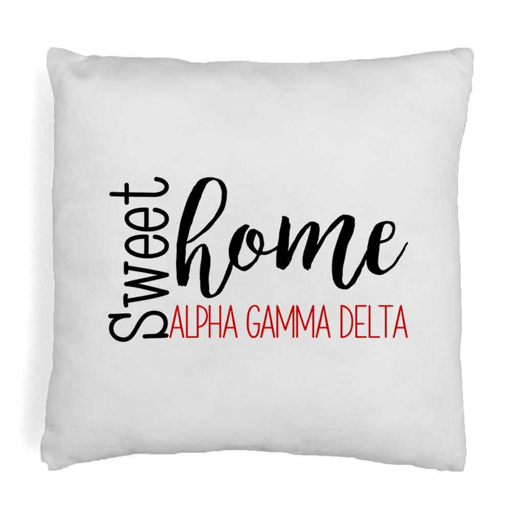 Alpha Gamma Delta sorority name in sweet home design digitally printed on throw pillow cover.