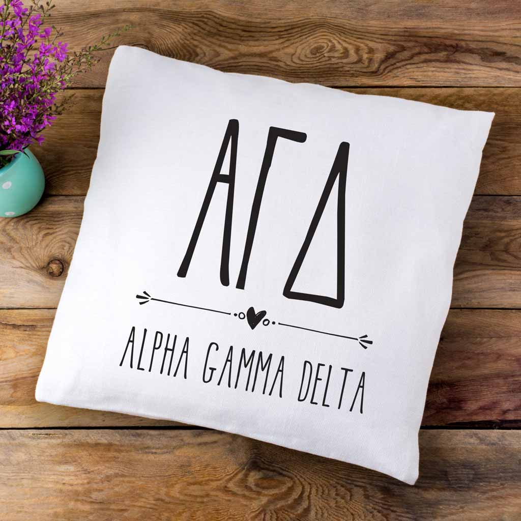 AGD sorority letters and name in boho style design custom printed on white or natural cotton throw pillow cover.