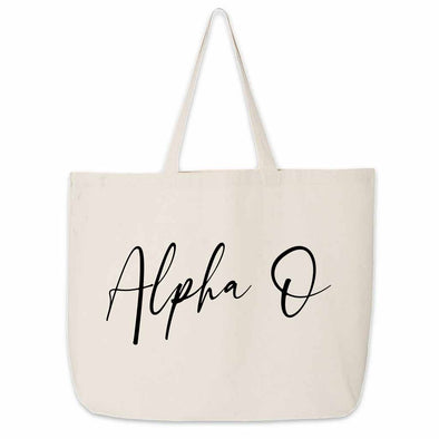Fun Alpha O sorority nickname printed on a canvas tote bag in script writing is a great gift for your sorority sisters.