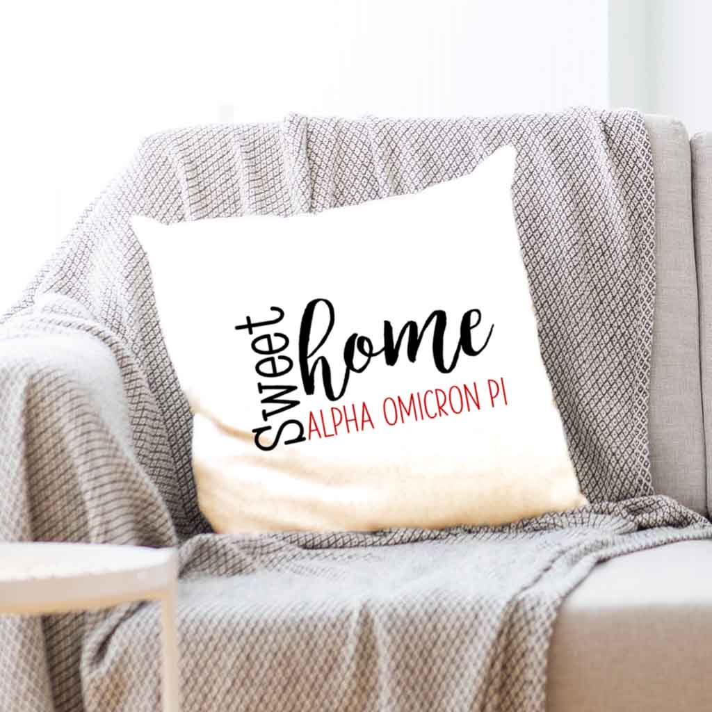 Alpha Omicron Pi sorority name with stylish sweet home design custom printed on white or natural cotton throw pillow cover.
