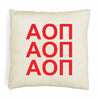 Alpha Omicron Pi  sorority letters digitally printed in sorority colors on throw pillow cover.