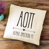 Alpha O sorority letters and name in a boho style design custom printed on white or natural cotton throw pillow cover.