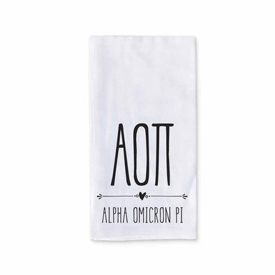 Alpha Omicron Pi sorority name and letters digitally printed on cotton dishtowel with boho style design.