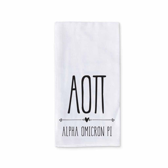 Alpha Omicron Pi sorority name and letters digitally printed on cotton dishtowel with boho style design.