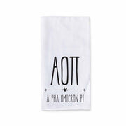 Alpha Omicron Pi sorority name and letters custom printed with boho style design on white cotton kitchen towel.