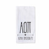 Alpha Omicron Pi sorority name and letters custom printed with boho style design on white cotton kitchen towel.