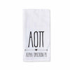 Alpha Omicron Pi sorority name and letters custom printed with boho style design on white cotton kitchen towel.